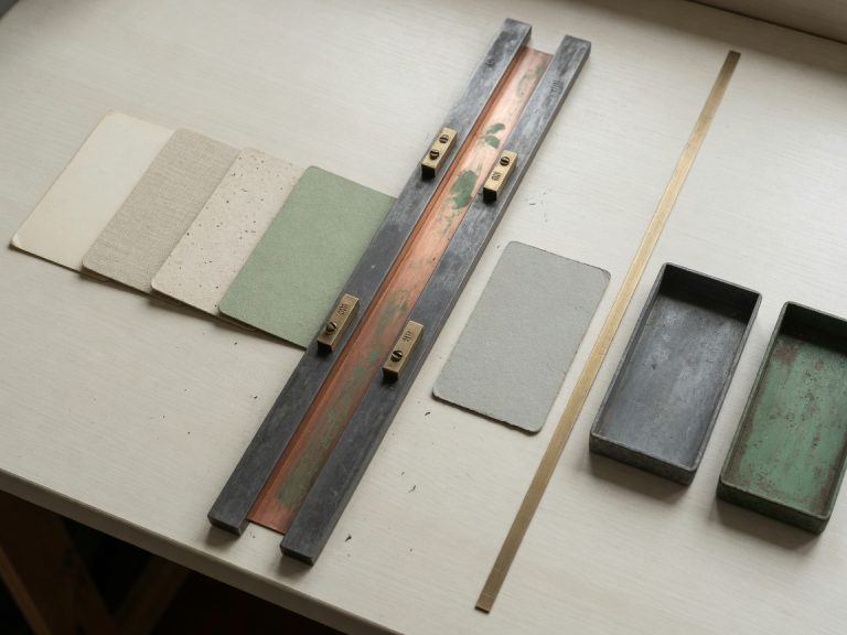 Four differently textured blank cards enter a graphite and copper sorting guide on an off-white workbench. A separate grey card sits on a parallel brass testing lane beside two empty dark and green trays.